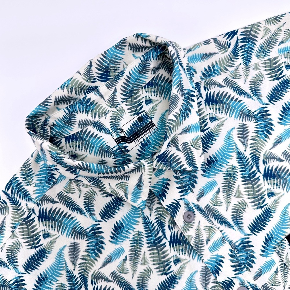 Fish Hippie Co Mens Short Sleeve Fern Print Button Down Shirt Blue Green XL